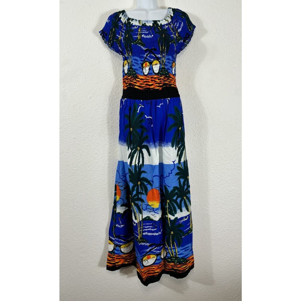 Vintage Hawaiian Dress Size‎ M Blue Floral Sunglasses Stretchy Top Rayon Maxi